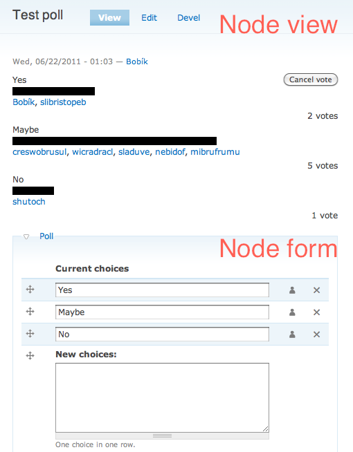 Poll view and settings in node form